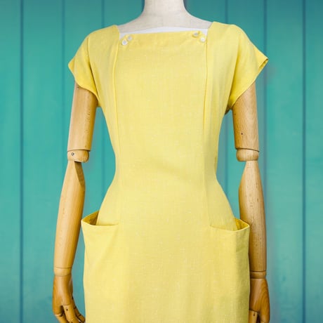 50’s Yellow Speckled Linen Square Neck Dress