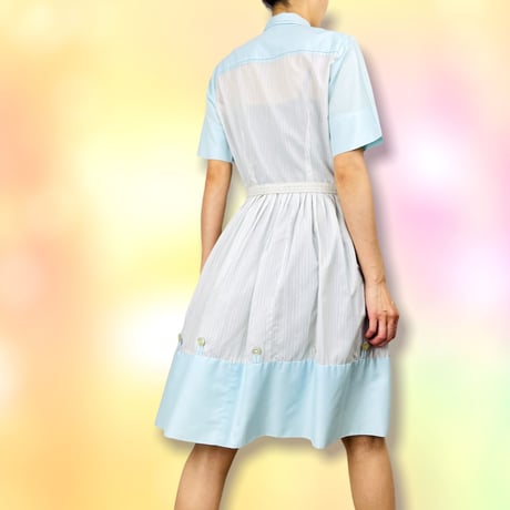 70’s Aquablue & White Striped Belted Dress