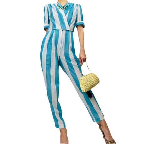 80’s Aqua Striped Jumpsuit