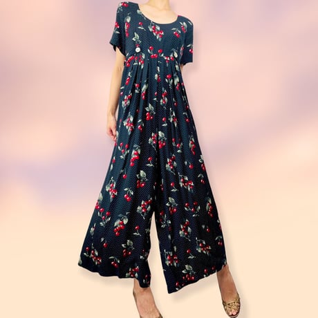 60’s Dark Cherry & Polka Dot Print Jumpsuit