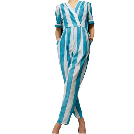 80’s Aqua Striped Jumpsuit