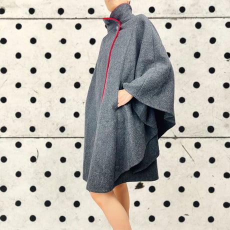 60's Charcoal Wool Cape with Bright Red Accents