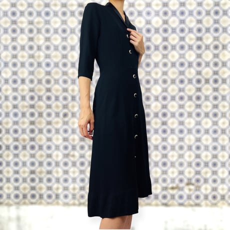 50’s Black Crepe Rhinestone Button Up Shirt Dress