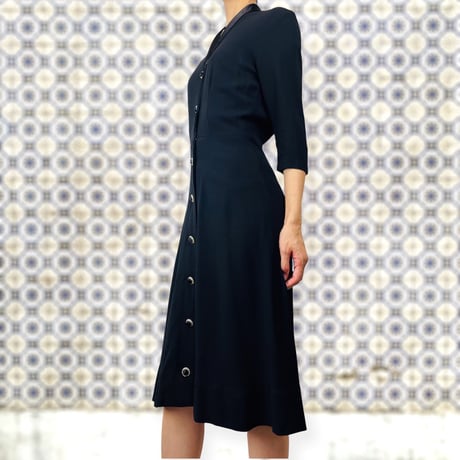 50’s Black Crepe Rhinestone Button Up Shirt Dress