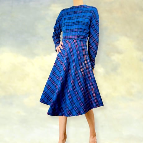 50’s Blue & Multicolor Plaid Midi Dress