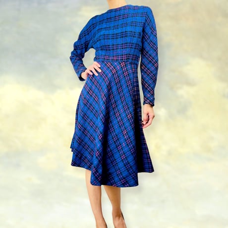 50’s Blue & Multicolor Plaid Midi Dress