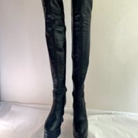 Platformed Heel Black Leather Thigh High Boots