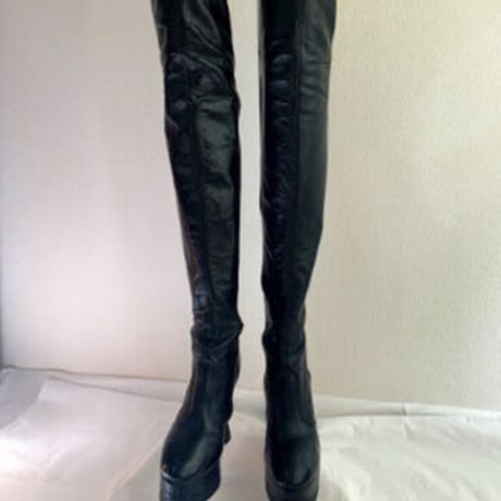 Platformed Heel Black Leather Thigh High Boots