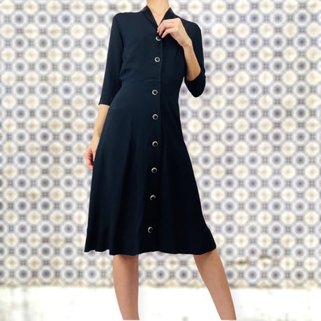 50’s Black Crepe Rhinestone Button Up Shirt Dress