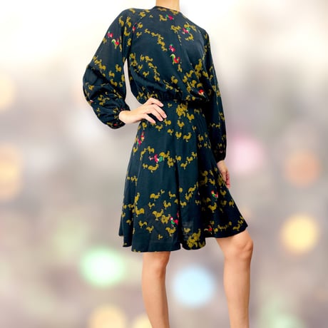 60’s Black Rooster Print Cropped Blouse and Skirt Set