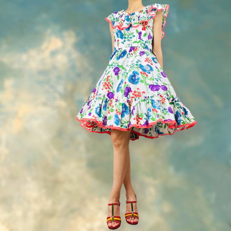 50’s Floral Ruffle Off Shoulder Dress