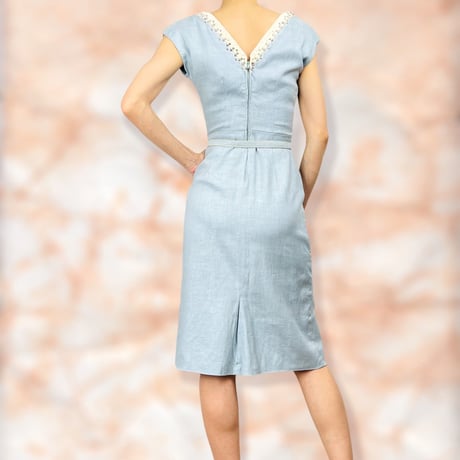50’s Light Blue Linen Embellished Dress