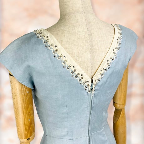 50’s Light Blue Linen Embellished Dress