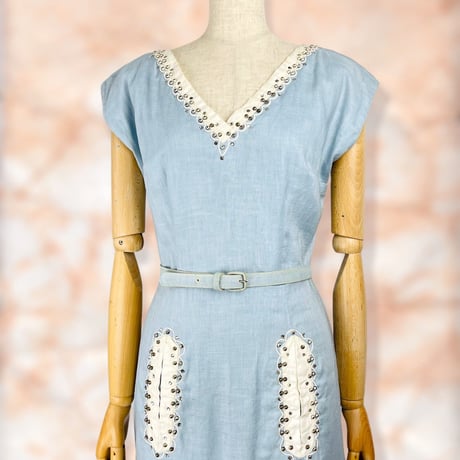 50’s Light Blue Linen Embellished Dress