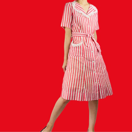 30s Dress Red and White Candy Stripe Eyelet