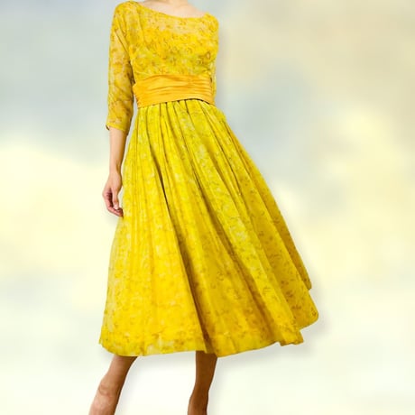 50’s Party Dress Full Skirt Yellow Floral Chiffon