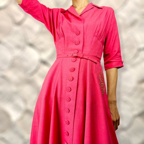30's Coral Buttoned Linen Midi Dress