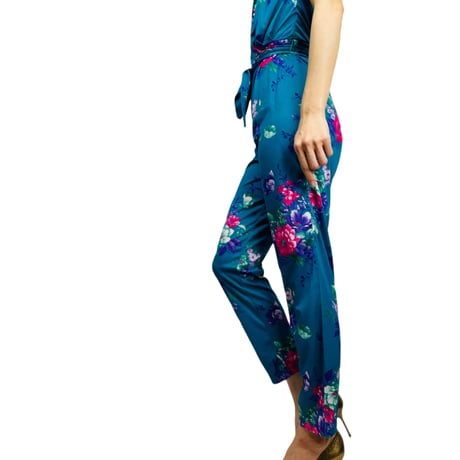 70s Turquoise Garden Floral Jumpsuit