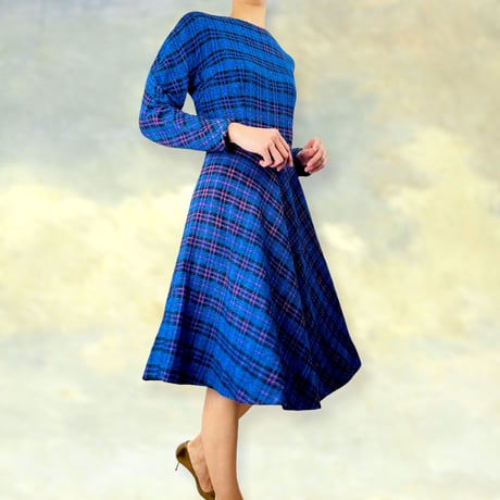 50’s Blue & Multicolor Plaid Midi Dress