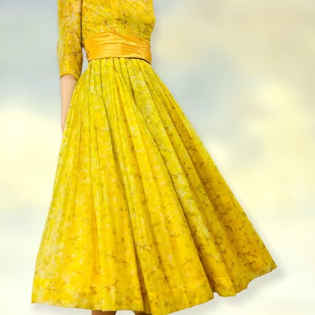 50’s Party Dress Full Skirt Yellow Floral Chiffon