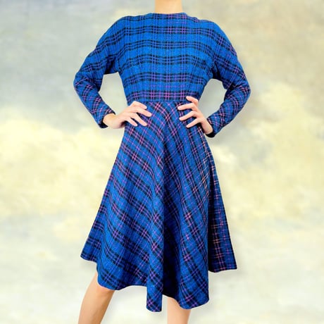 50’s Blue & Multicolor Plaid Midi Dress