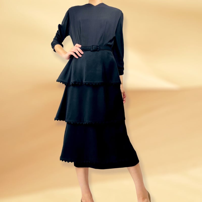 40's Scallop Trimmed Tiered Ruffle Skirt Dress