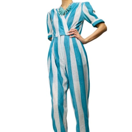 80’s Aqua Striped Jumpsuit
