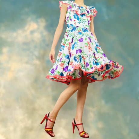50’s Floral Ruffle Off Shoulder Dress