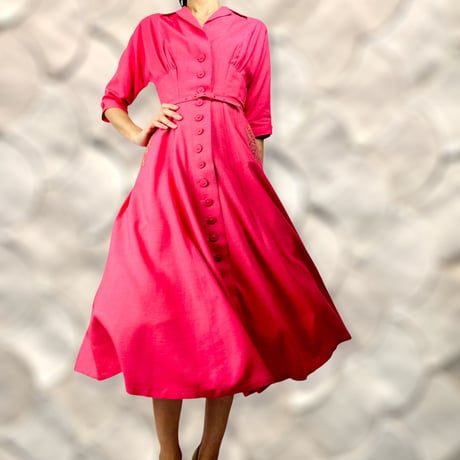 30's Coral Buttoned Linen Midi Dress
