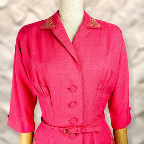 30's Coral Buttoned Linen Midi Dress