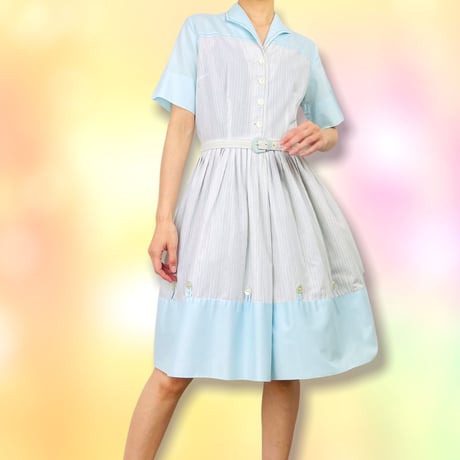 70’s Aquablue & White Striped Belted Dress