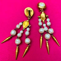40's Art Deco Dangling Earrings 14K Gold Plate and Pearls