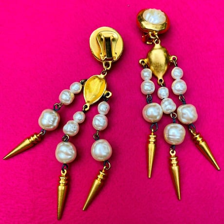 40's Art Deco Dangling Earrings 14K Gold Plate and Pearls