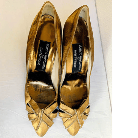 Stuart Weizman Gold Bow Shoes with Rhinestone