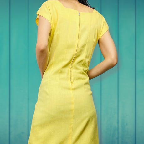 50’s Yellow Speckled Linen Square Neck Dress