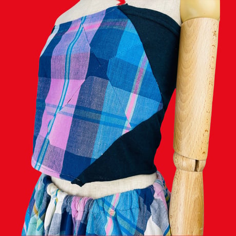 Patchwork Plaid Ensemble Tube Top & Asymmetric Skirt