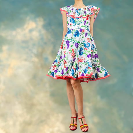 50’s Floral Ruffle Off Shoulder Dress