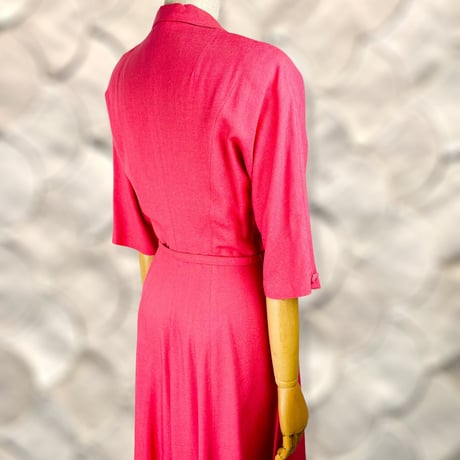 30's Coral Buttoned Linen Midi Dress