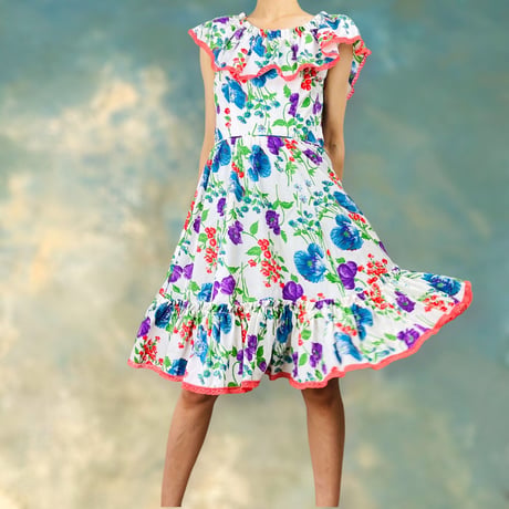 50’s Floral Ruffle Off Shoulder Dress