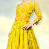 50’s Party Dress Full Skirt Yellow Floral Chiffon