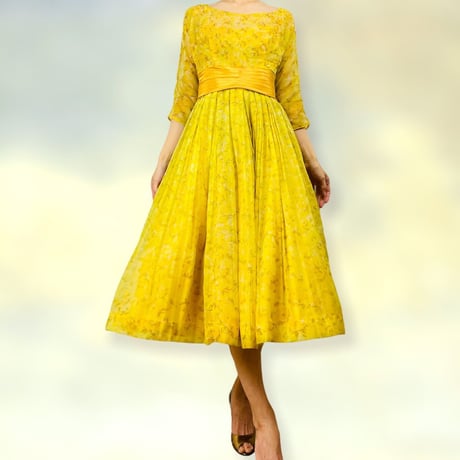 50’s Party Dress Full Skirt Yellow Floral Chiffon