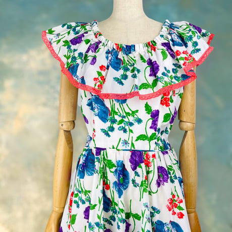 50’s Floral Ruffle Off Shoulder Dress