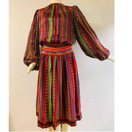 Oscar de la Renta Multicolor Striped Silk 2piece