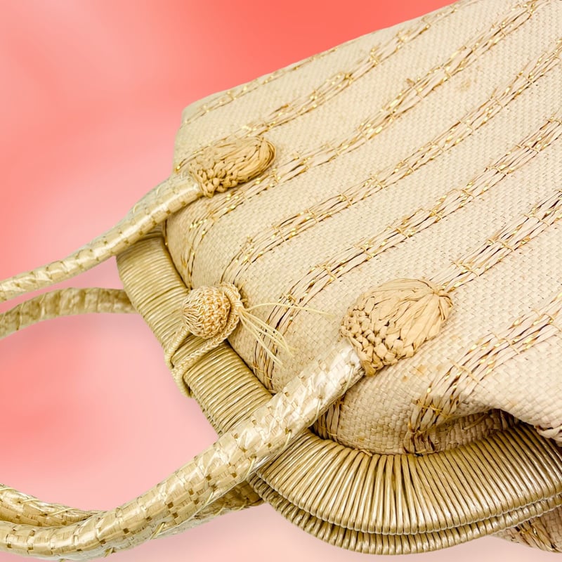 50's Straw Bag with Striped Gold Cello Weaving