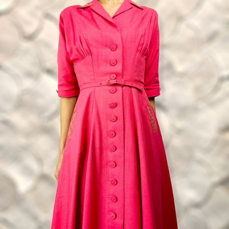 30's Coral Buttoned Linen Midi Dress