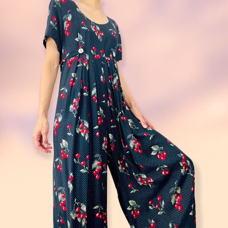 60’s Dark Cherry & Polka Dot Print Jumpsuit