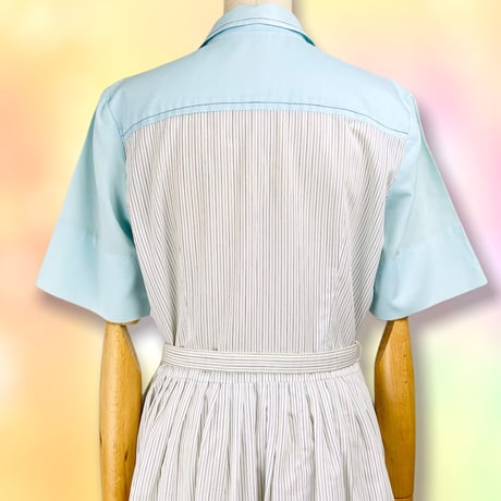 70’s Aquablue & White Striped Belted Dress