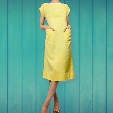 50’s Yellow Speckled Linen Square Neck Dress