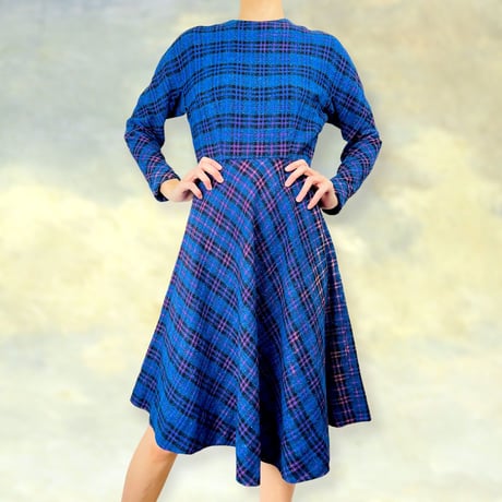 50’s Blue & Multicolor Plaid Midi Dress