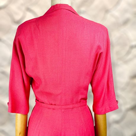 30's Coral Buttoned Linen Midi Dress
